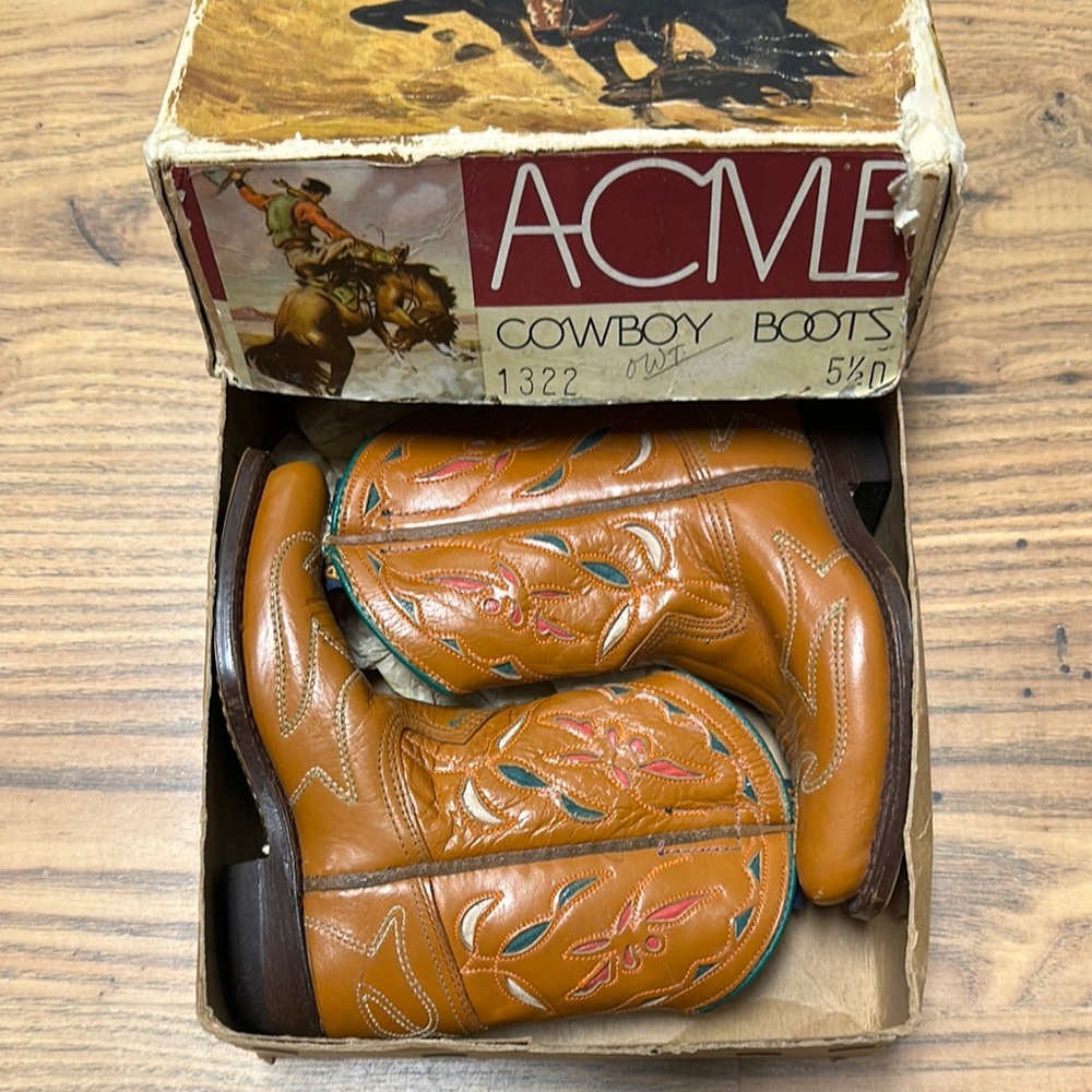 ACME Vintage Children's Tan Cowboy Boots with Colorful Embroidery